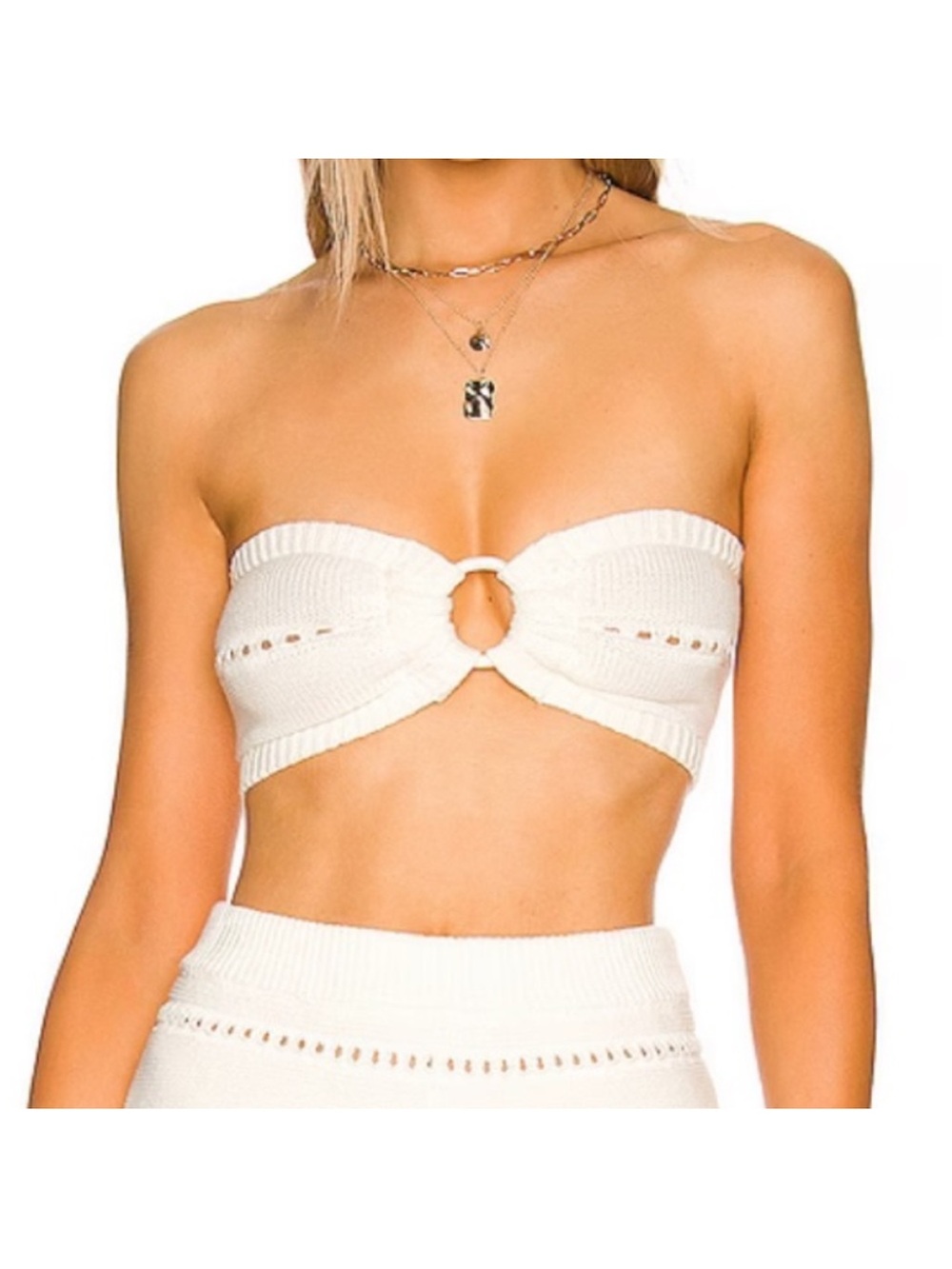 Lovers + Friends Cream Ribbed knit Ring-Front Bandeau Crop Top